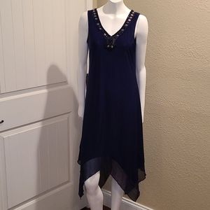 PerSeption Concept Dress Womens S Blue Embellished V-neck Sheer‎ Sharktooth Hem